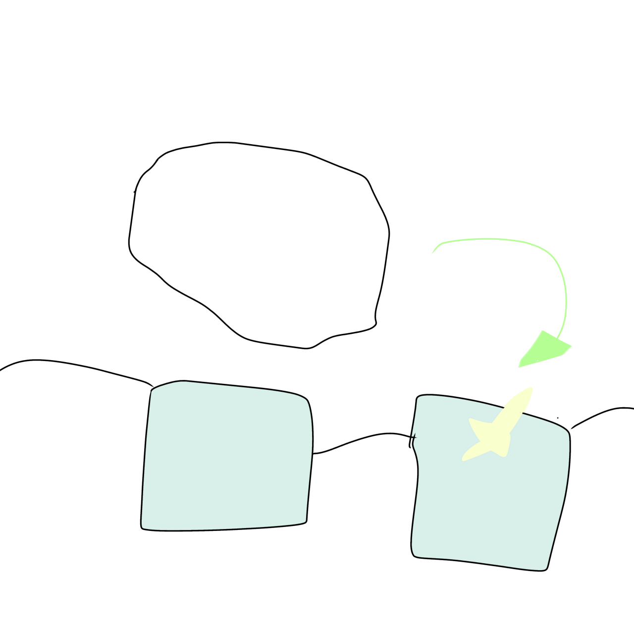  a white, vaguely square shape is followed by a green arrow. This leads to a pair of square glasses that sparkle.